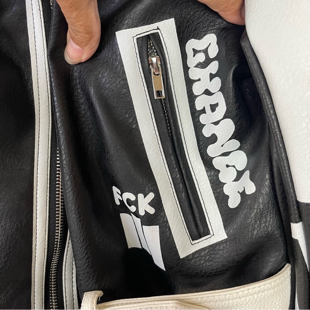 Azalea Wang Studded Black and White Graffiti Faux Leather Moto Jacket (1x) - Picture 7 of 16